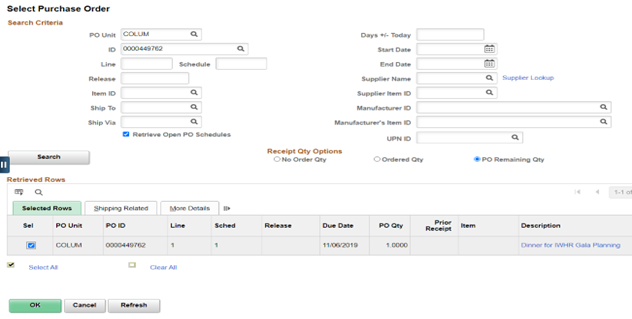 Screenshot of PeopleSoft Finance with purchase order number filled in and a retrieved row checkbox selected.