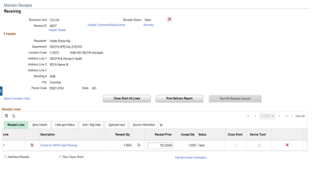 Screenshot of PeopleSoft Finance showing the amount of payment due in the 'receipt price' field.