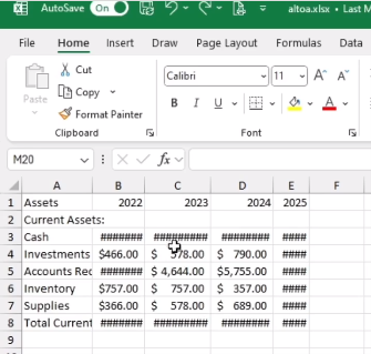 Screenshot of Microsoft Excel showing sample dataset of assets and prices across years