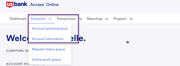 Screenshot of US Bank access online menu with 'Account administration/account information' highlighted