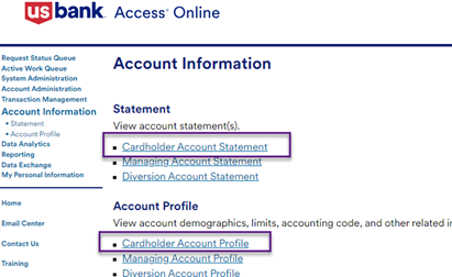 Screenshot of US Bank access online Account Information