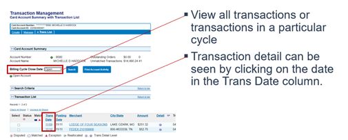 View all transaction of transactions in a particular cycle; Transaction detail can be seen by clicking on the date in the 'Trans Date' column.