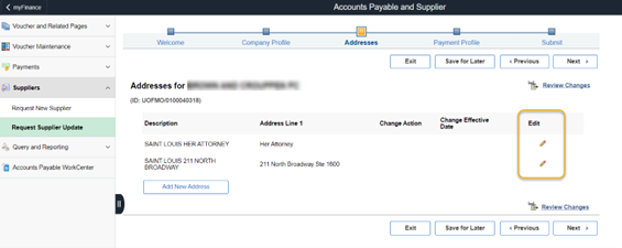 Screenshot of myFinance Accounts Payable and Supplier