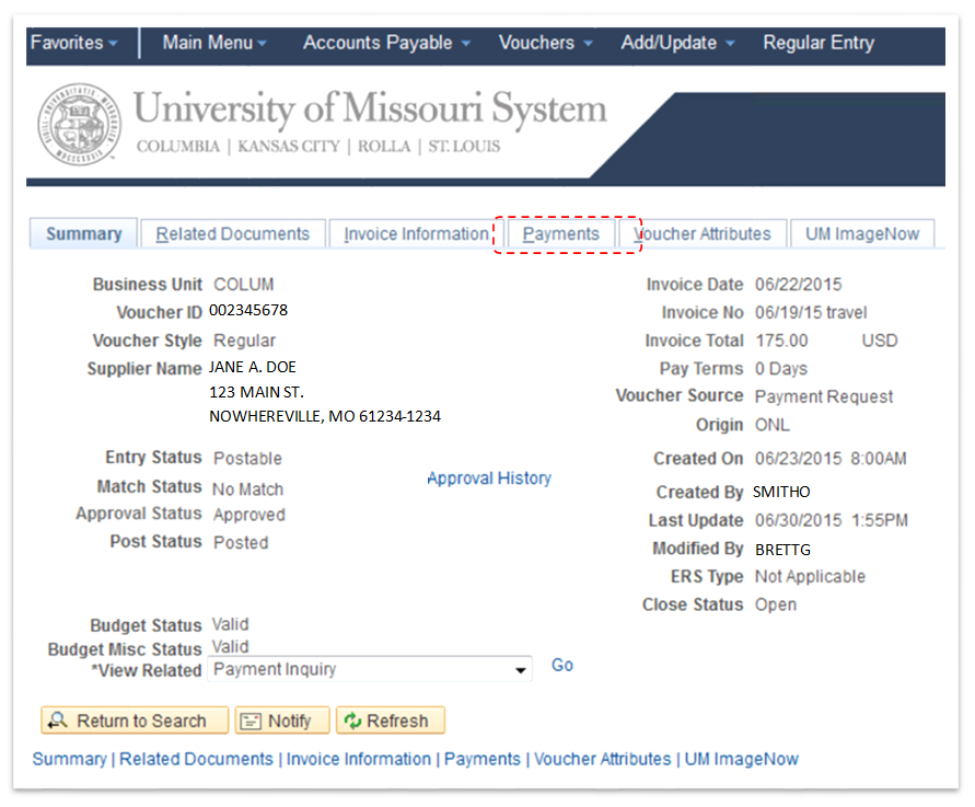 AP Check Inquires - screenshot and/or workflow